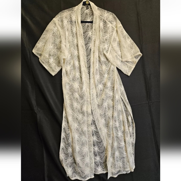 Kimono Duster Cardigan Med Lace Sheer Long Off White Gypsy Boho Western Peasant - Picture 3 of 12